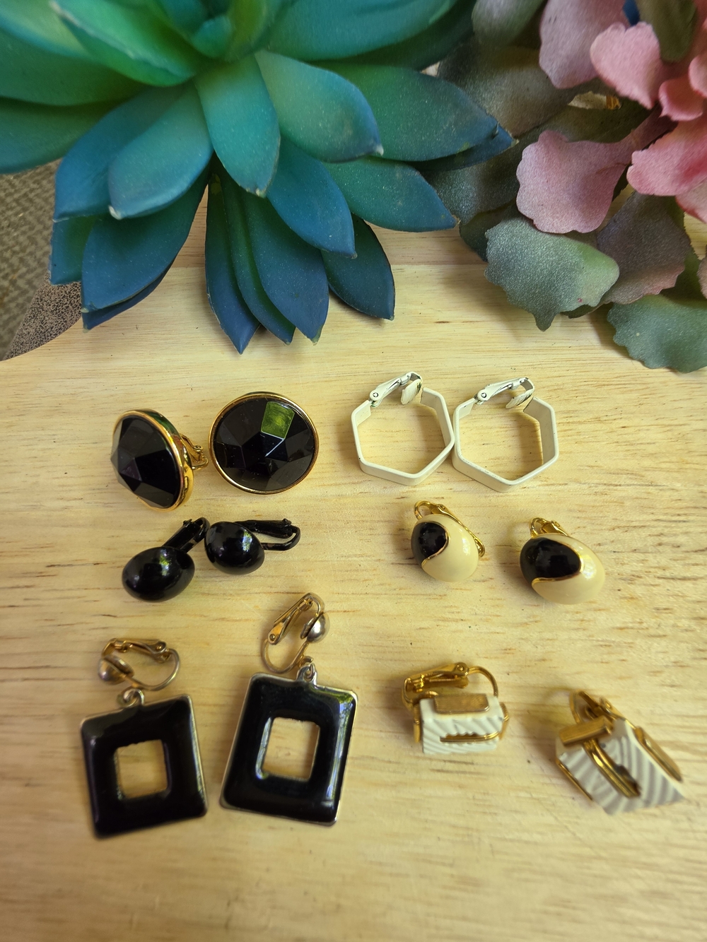 Assorted Vintage Black and Cream Clip-On Earrings Lot